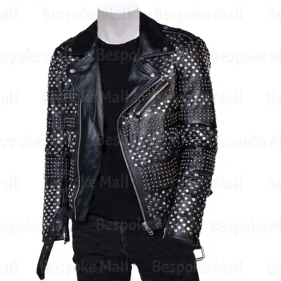 Pre-owned Handmade Men's Punk Black Silver Metallic Studded Cowhide Leather Jacket Belted-155