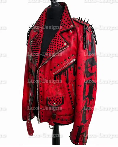 Pre-owned Handmade Men's Punk Death Poison Skull Painted Spiked Studded Chains Biker Leather Jacket In Red Black