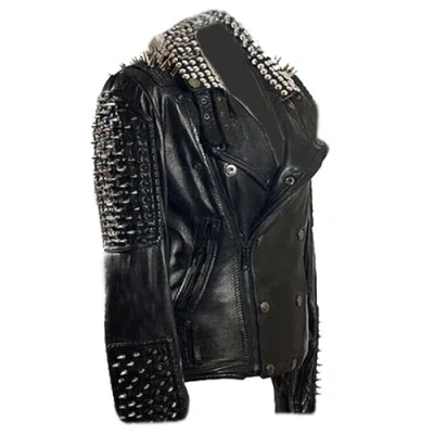 Pre-owned Handmade Men's Punk Full Heavy Metal Long Spiked Studded Button Up Leather Jacket-942 In Black