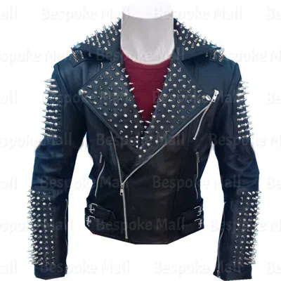Pre-owned Handmade Men Punk Full Silver Spiked Studded Brando Cowhide Biker Leather Jacket-125