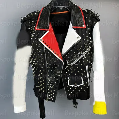 Pre-owned Handmade Men's Punk Full Silver Spiked Studded Cowhide Biker Real Leather Jacket-646