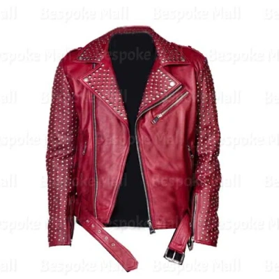 Pre-owned Handmade Men's Punk Maroon Silver Metallic Studded Cowhide Biker Leather Jacket-901 In Red