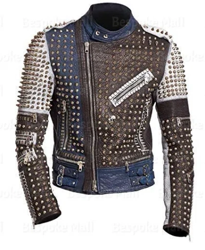 Pre-owned Handmade Men's Punk Multicolor Silver Studded Cowhide Leather Jacket -9