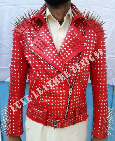 Pre-owned Handmade Men's Punk Red Heavy Full Long Spiked Studded Gothic Motorcycle Leather Jacket