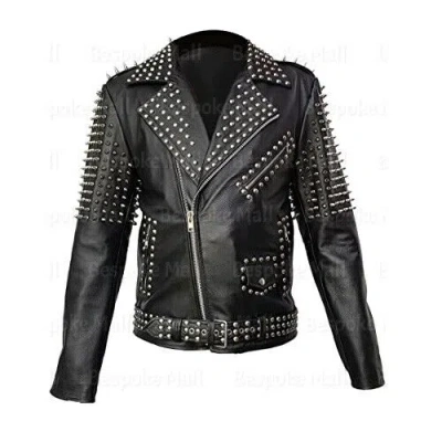 Pre-owned Handmade Men's Punk Silver Spiked Studded Brando Cowhide Biker Leather Jacket-834