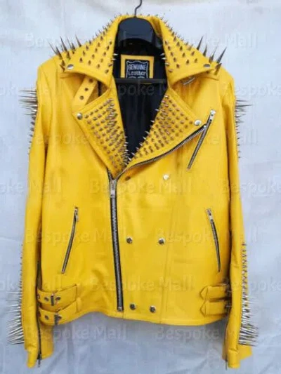 Pre-owned Handmade Men's Punk Unique Full Yellow Long Spiked Studded Cowhide Leather Jacket-827