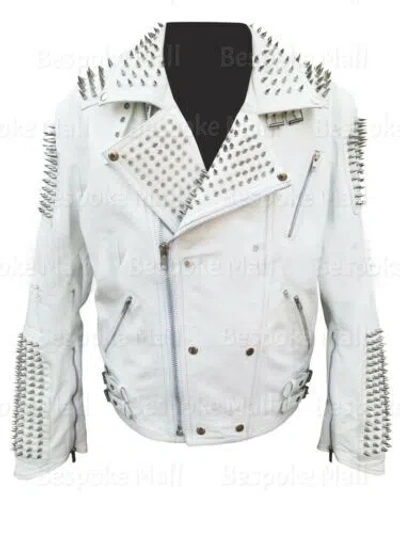 Pre-owned Handmade Men's Punk Unique White Long Spike Studded Cowhide Biker Leather Jacket-810
