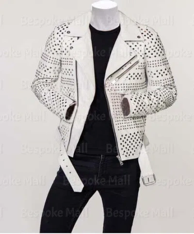 Pre-owned Handmade Men's Punk White Silver Multi Studded Cowhide Leather Jacket With Belted-152