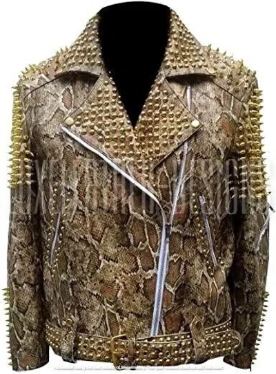 Pre-owned Handmade Men's Python Snake Skin Print Punk Gold Studded Spiked Leather Biker Jacket