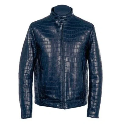 Pre-owned Handmade Men's Real Crocodile Embossed Blue Real Leather Biker Jacket, Fashion Steampunk In Same As Picture