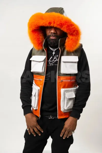 Pre-owned Handmade Men's Real Leather Hunting Vest With Fox Hood ,black/orange ,biker & Cowboy Vest