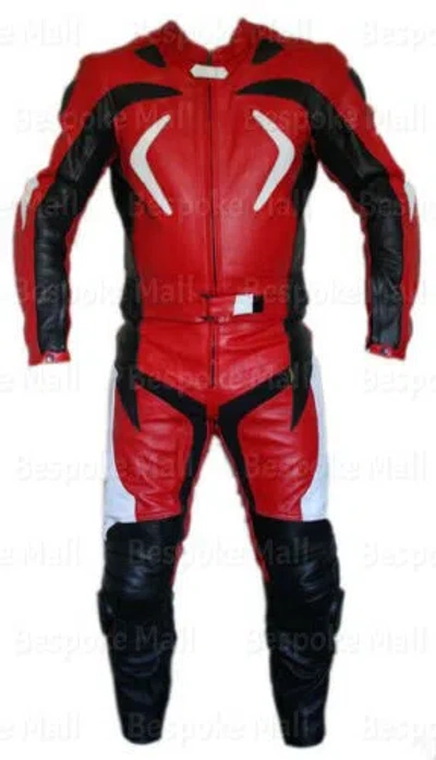 Pre-owned Handmade Men's Red Black Motorcycle Cowhide Leather Two Piece Suit Safety Pads-751