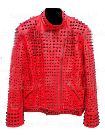 Pre-owned Handmade Men's Red Black Tonal Spiked Studded Punk Style Cowhide Leather Jacket-855