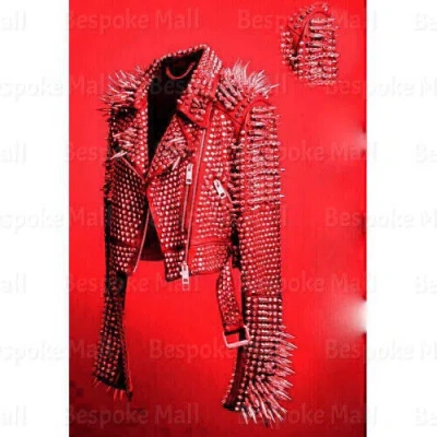 Pre-owned Handmade Men's Red Rock Punk Silver Long Spiked Studded Leather Brando Jacket-600