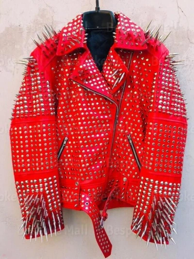 Pre-owned Handmade Men's Red Silver Spiked Studded Brando Style Punk Belted Leather Jacket-997