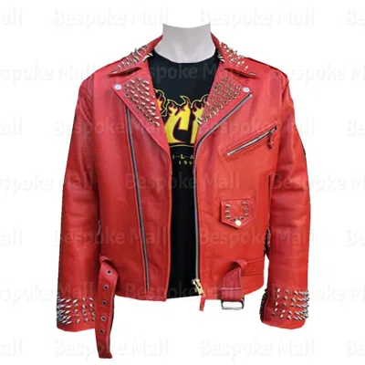 Pre-owned Handmade Men's Red Silver Spiked Studs Punk Vintage Cowhide Biker Leather Jacket-332