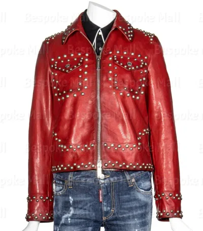 Pre-owned Handmade Men's Red Silver Studded Butane On Packet Cowhide Biker Leather Jacket-860