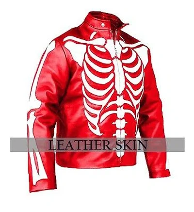 Pre-owned Handmade Men Red Skeleton Leather Jacket