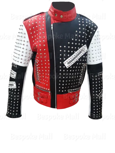 Pre-owned Handmade Men's Red White Black Punk Silver Spiked Studded Cowhide Leather Jacket-841