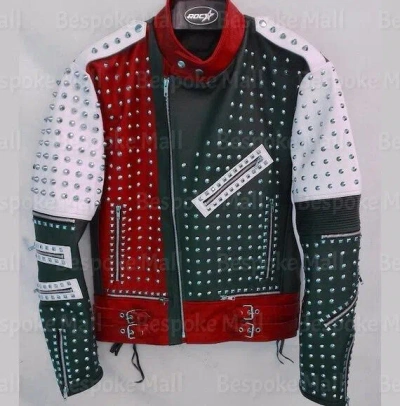 Pre-owned Handmade Men's Red White Black Silver Studded Punk Cowhide Biker Leather Jacket-910