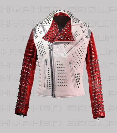 Pre-owned Handmade Men's Red White Full Silver Studded Brando Style Punk Cowhide Leather Jacket