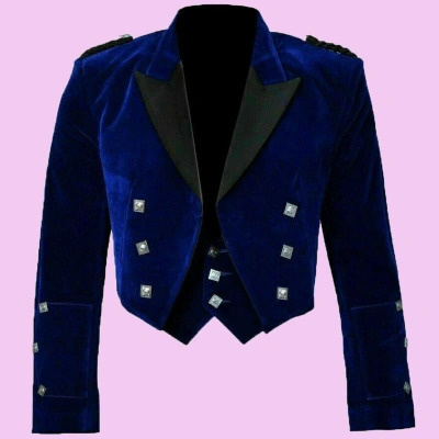 Pre-owned Handmade Men's Scottish Highland Velvet Prince Charlie Kilt Jacket With Waistcoat In Blue