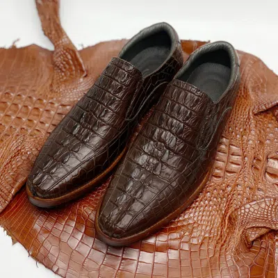Pre-owned Handmade Men's Shoes 9 Brown Crocodile Skin Leather Shoes Genuine Alligator Loafer