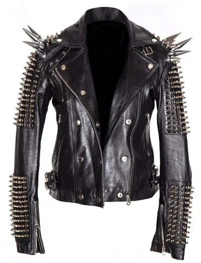 Pre-owned Handmade Men Silver Studded Jacket Black Punk Silver Long Spiked Leather Solid Heavy Stud