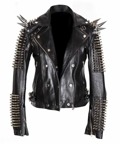 Pre-owned Handmade Men Silver Studded Long Spiked Jacket Leather Black Rock Punk Style Jacket