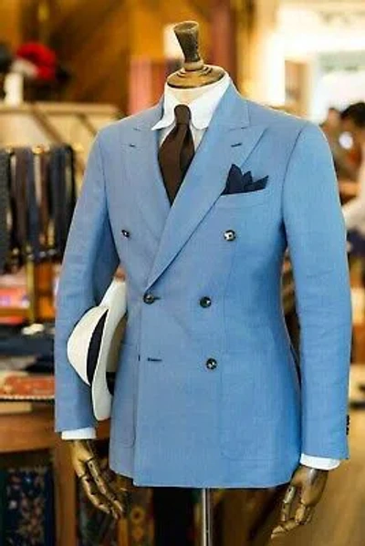 Pre-owned Handmade Men Sky Blue Suits Designer Grooms Wedding Dinner Party Suits (coat+pants) Uk