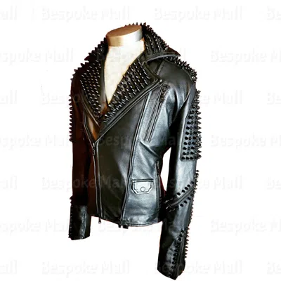 Pre-owned Handmade Men Slim Fitting Black Spiked Studded Punk Rock Leather Jacket-275