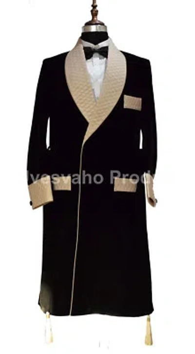 Pre-owned Handmade Men Smoking Long Coat Jacket Gown Elegant Luxury Designer Quilted Lapels Belted In Black