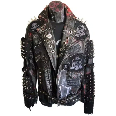 Pre-owned Handmade Men Spiked Biker Leather Steam Punk Jacket, Rock And Roll Gothic Rivet Biker In Black