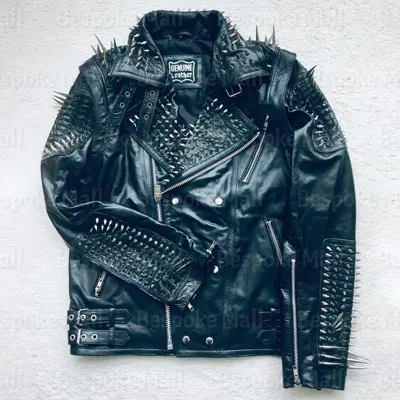 Pre-owned Handmade Men's Spiked Studded Leather Jacket & Vest Two In One Removable Sleeves-787 In Black