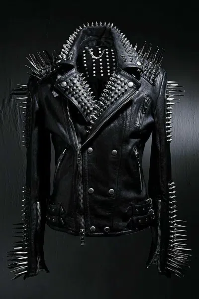 Pre-owned Handmade Men Spiked Studded Leather Jacket Studs And Spikes Rocker Punk Style Jacket In Black