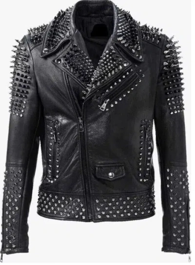 Pre-owned Handmade Men's Studded Spike Leather Jacket -  Biker Rock Punk, Genuine Cowhide In Black