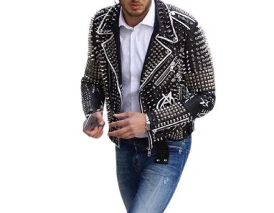 Pre-owned Handmade Men Stylish Biker Jacket In Rock Style With Spikes And Studs.men Motorcycle In Black