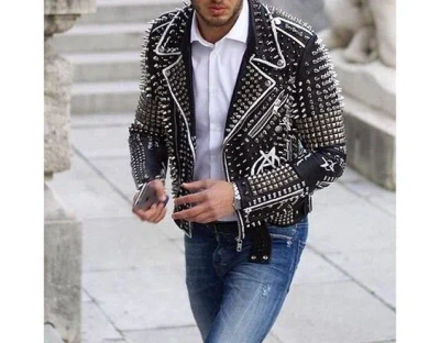 Pre-owned Handmade Men Stylish Biker Jacket In Rock Style With Spikes And Studs.men Motorcycle In Black