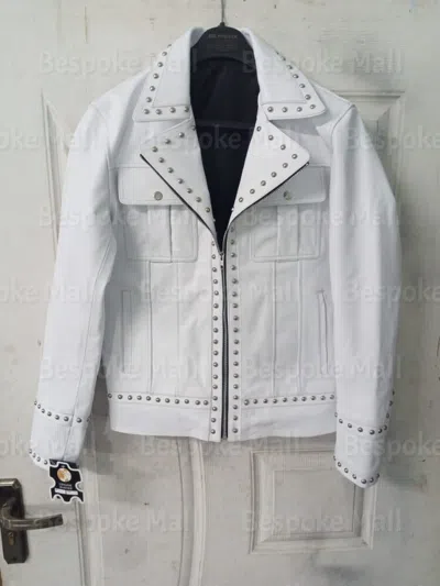 Pre-owned Handmade Men's Stylish Punk Silver Studded Belted Cowhide Biker Leather Jacket-1082