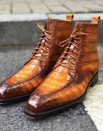 Pre-owned Handmade Men Tan Brown Crocodile Ankle Boots, Lace Up Formal Dress Boots For Men