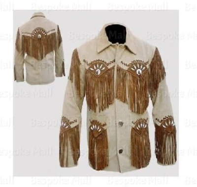 Pre-owned Handmade Men's Traditional American Western Style White Suede Leather Jacket-571