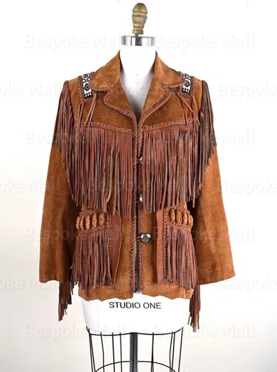 Pre-owned Handmade Men's Traditional Western Wear Style Brown Suede Leather Jacket Beads-570