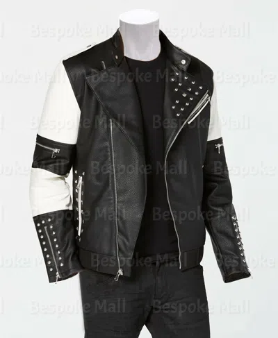 Pre-owned Handmade Men's Two Tone Black White Genuine Leather Silver Studded Biker Jacket-277