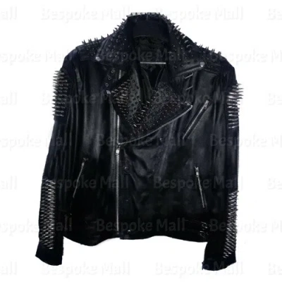 Pre-owned Handmade Men's Unique Black Silver Spiked Studded Punk Motorcycle Leather Jacket-818