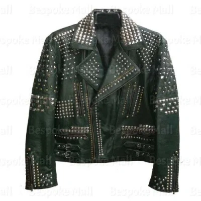Pre-owned Handmade Men Unique Black Silver Studded Chains Designed Distress Leather Jacket-118