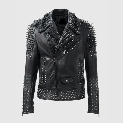 Pre-owned Handmade Men's Unique Silver Studded Real Leather Jacket Black Brando Zipper Jacket