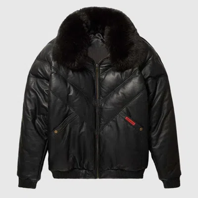 Pre-owned Handmade Men's V-bomber Sheep Leather Faux Down Goose Bomber Jacket With Fox Fur Collar In Black