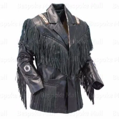 Pre-owned Handmade Men's Western American  Black Cowboy Leather Jacket Fringe Bead-576
