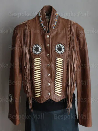 Pre-owned Handmade Men's Western American  Brown Cowboy Leather Jacket Fringes Bone-578