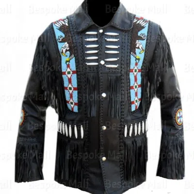 Pre-owned Handmade Men's Western American  Cowboy Leather Jacket Fringe Eagle Bead-577 In Black